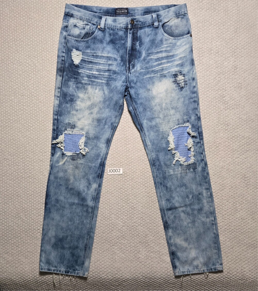 Parish Nation Distressed Blue Jeans ~ Men’s 42 x 34 ~ Stylish Rips & Patches